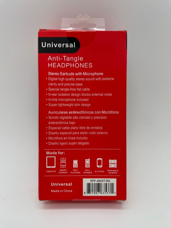 Universal Anti-Tangle Headphones, Stereo Earbuds w/ Mic, Red & Black - NEW gallery
