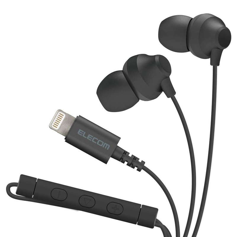ELECOM Lightning Earphone Headset with Mic Black, 10.0mm Earbuds, New