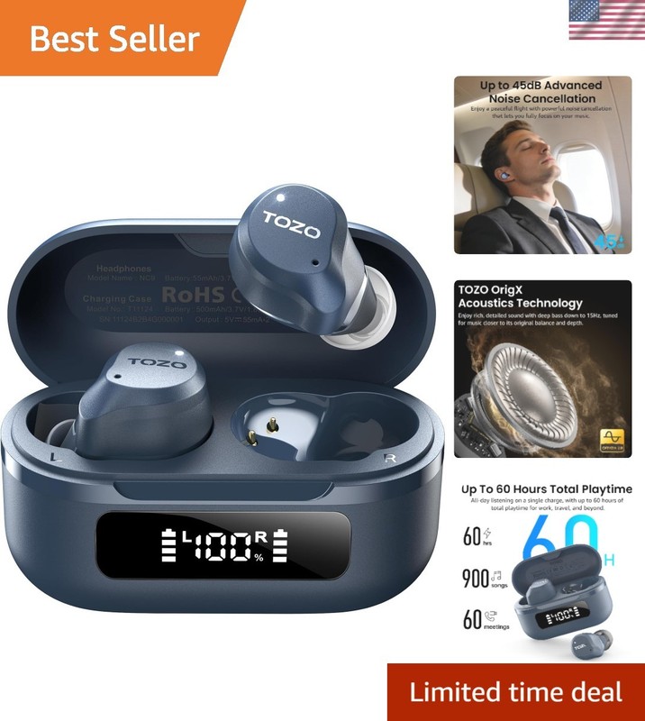 NC9 Hybrid Active Noise Cancelling Wireless Earbuds, 6 Mics ENC Clear Call, W…
