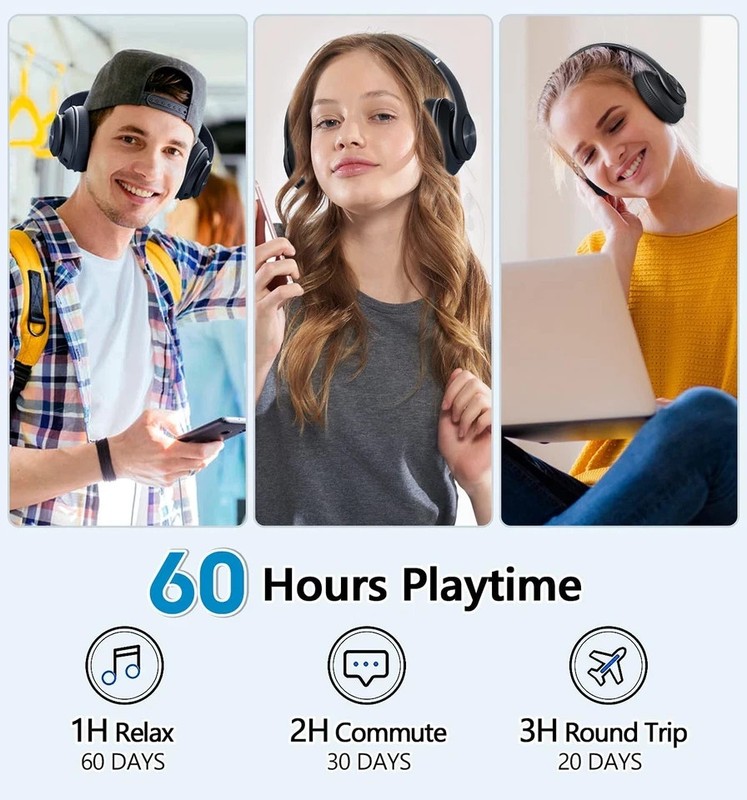 Bluetooth Headphones Over Ear, 60 Hours Playtime Foldable Regular, Black gallery