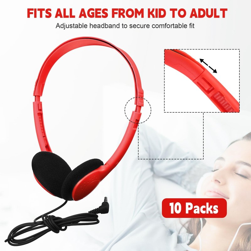 10 PCS Red Bulk Wired Classroom Student Headphones 3.5mm Jack Adjustable gallery