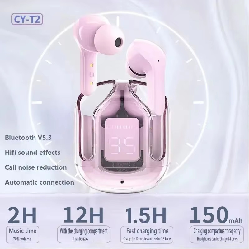 Original T2 Wireless Bluetooth Earphone Transparent HIFI Headphones LED Power Di gallery