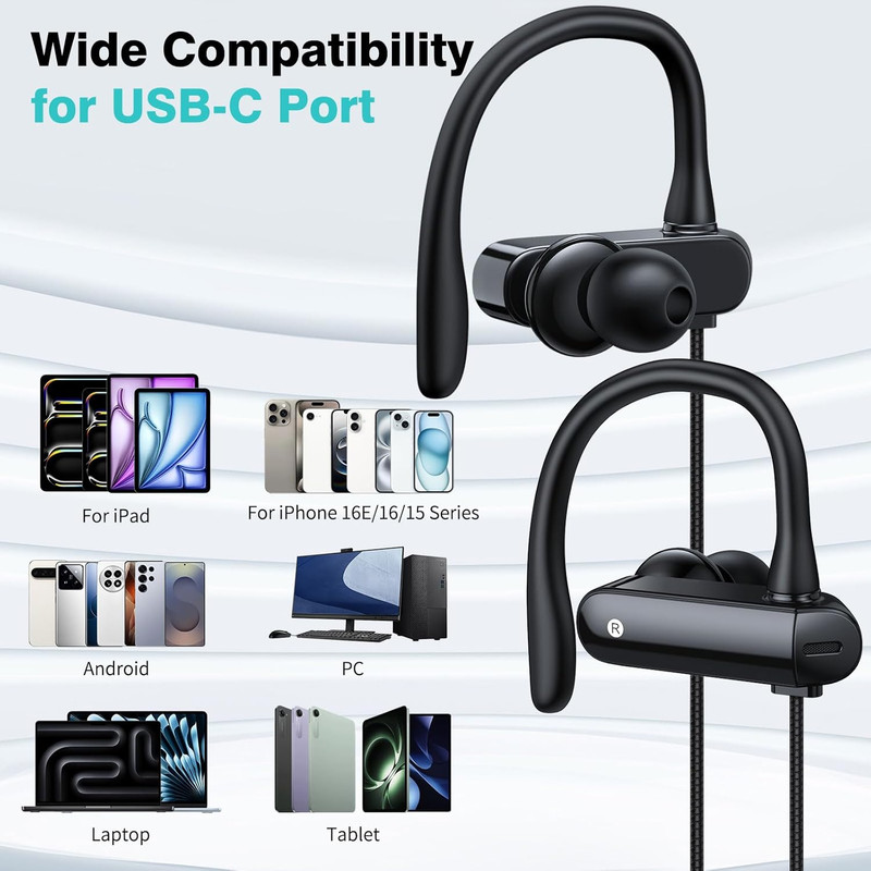 USB C Headphones Over Ear Hook Sport Wired Earbuds Kids with Loop Mic for Samsun gallery