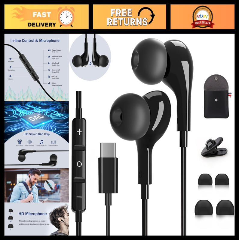 USB C Wired Earbuds with Microphone, In-Ear Type C Headphones for iPhone & Andro