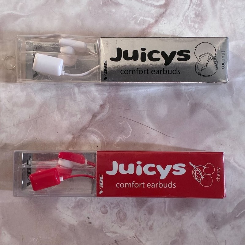 Lot of 2 Vibe Juicys Comfort Earbuds – Coconut & Cherry 3.5mm Stereo Headphones