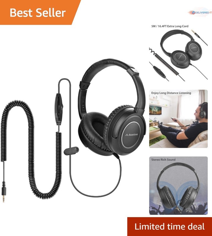Wired Over Ear Headphones Faux Leather 16.4ft Long Cord Stereo Sound TV PC