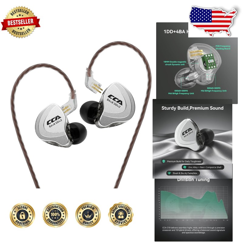 Pro CCA C10 In-Ear Monitors: 10 Driver Hybrid HiFi, Zinc Alloy, Detachable Cable
