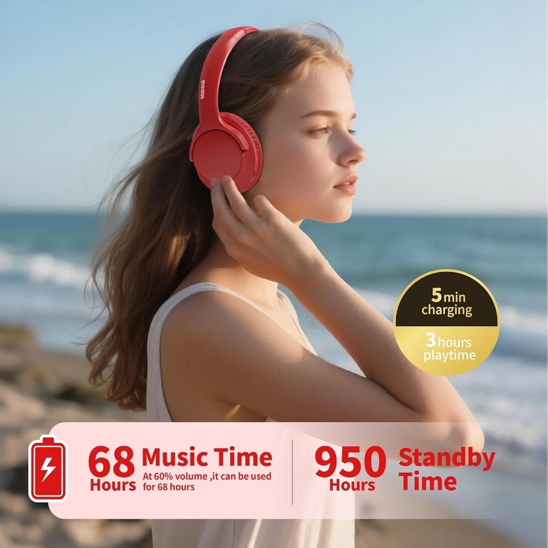 Wireless Bluetooth Headphones Over Ear 68H Playtime Foldable Light Red gallery