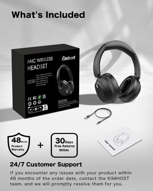KIMHOST T30 Active Noise Cancelling Headphones, 120Hrs Playtime Bluetooth 5.3... gallery