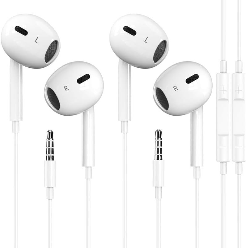2 Pack Wired Earbuds with Microphone and Volume Contontrol, 3.5mm Jack - White