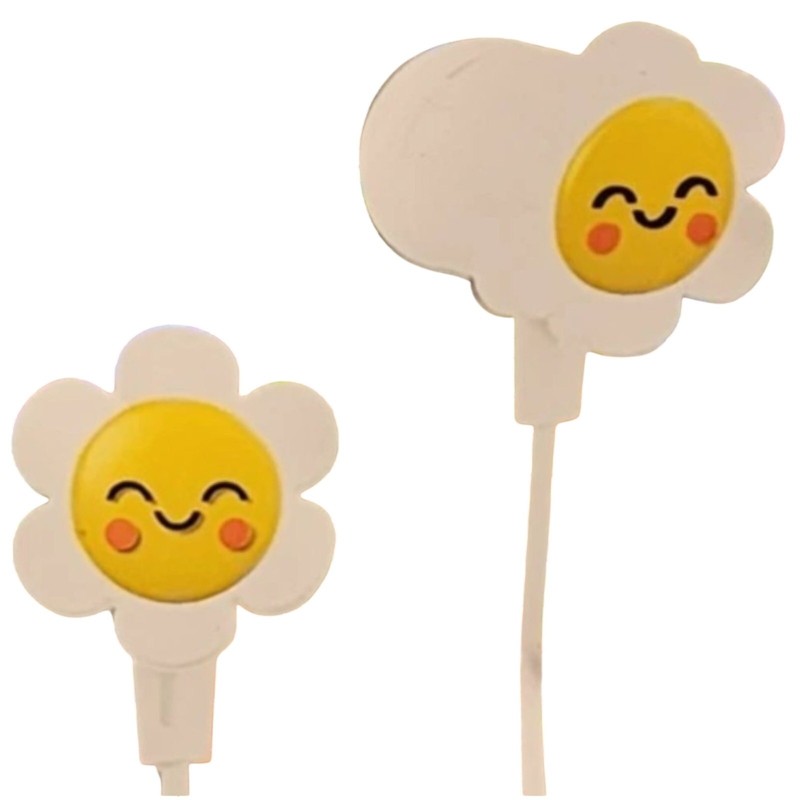 GEMS ‘Daisy Smiles Flower’ Novelty Wired Earbuds, White/Yellow, 3.5mm, 47.24″L