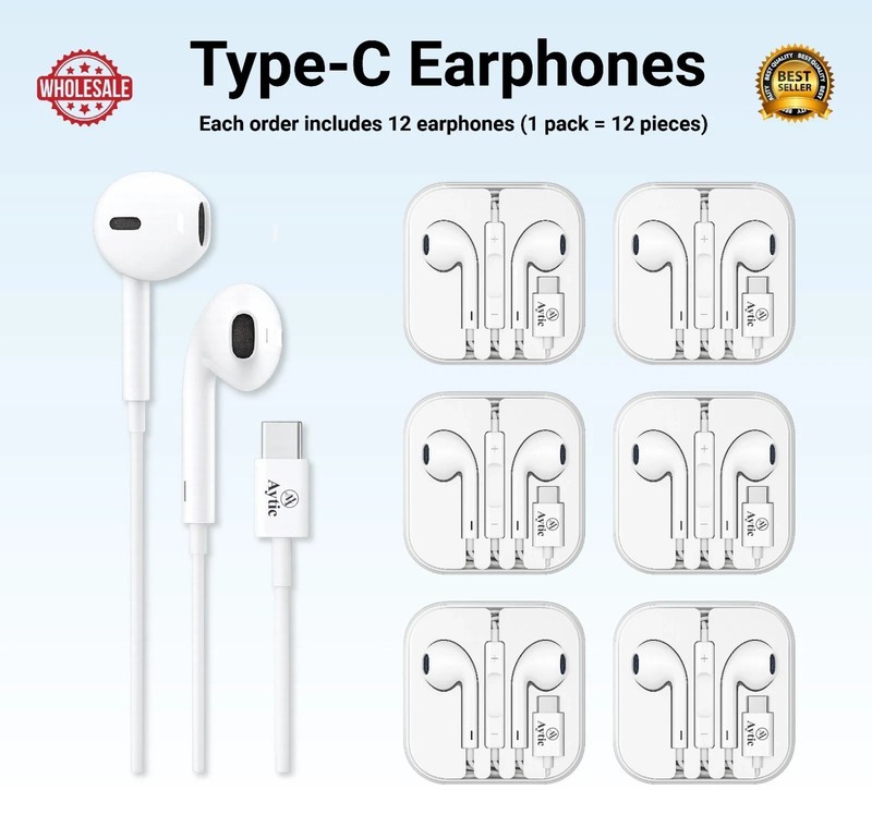 [12-Pack] Wholesale Wired Earphones with Mic – Type-C, Lightning, AUX Headphones