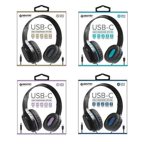 Sentry USB-C Headphones Mid-Size Over-Ear Folding Adjustable Asst Color Accents