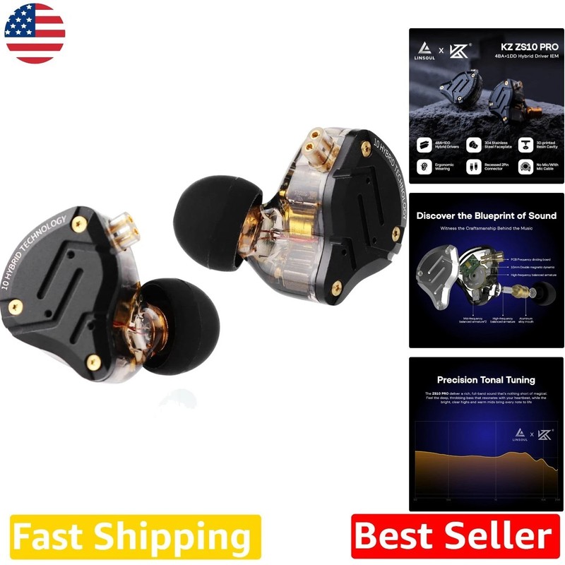 KZ ZS10 Pro Gaming Earbuds: 4BA+1DD Hybrid IEM, Detachable Cable, Dark Black