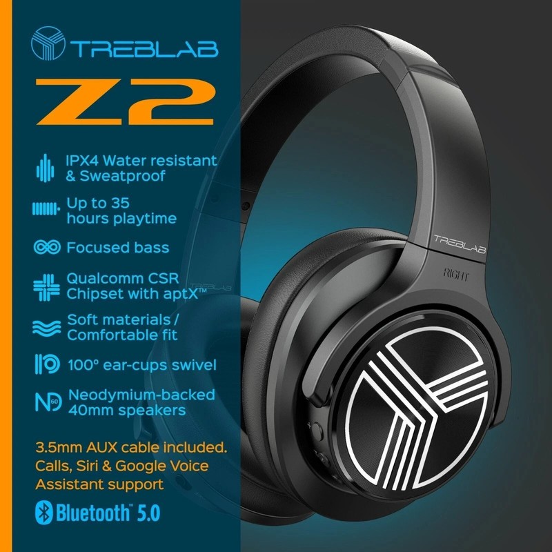 TREBLAB Z2 Active Noise Cancelling Over Ear Headphones Bluetooth Wireless aptX gallery