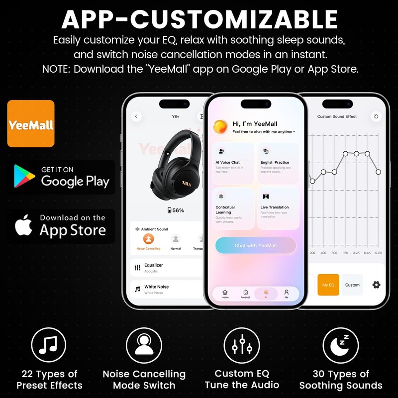 1Mii Y8+ Hybrid Active Noise Cancelling Headphones, 100H Standard, Black gallery