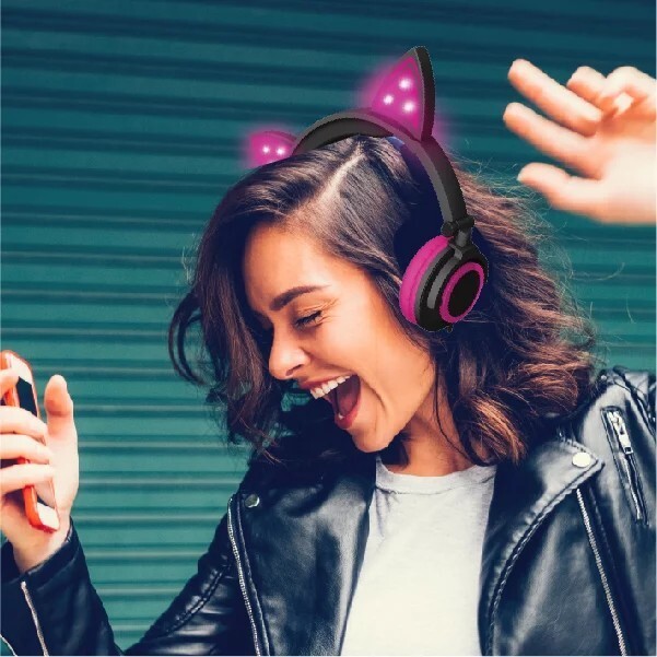 Cat Ear Headphones LED Light Up Music Listening Fun Pink