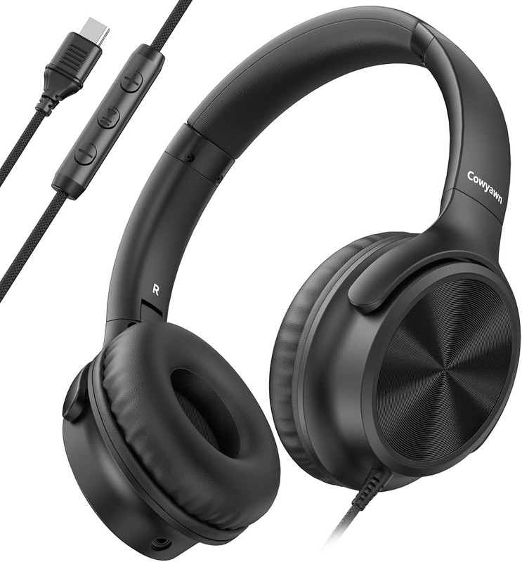 USB C Wired Over Ear Headphones w/Mic Foldable Stereo for iPhone 15/16/17 Black