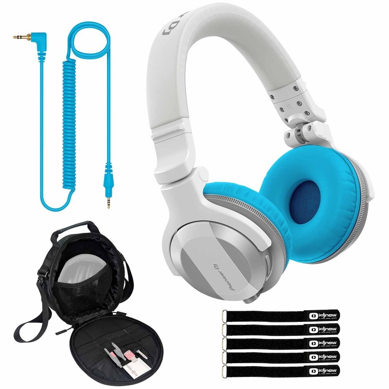 Pioneer DJ HDJ-CUE1BT White Wireless Bluetooth Headphones, Blue Ear Pads & Case