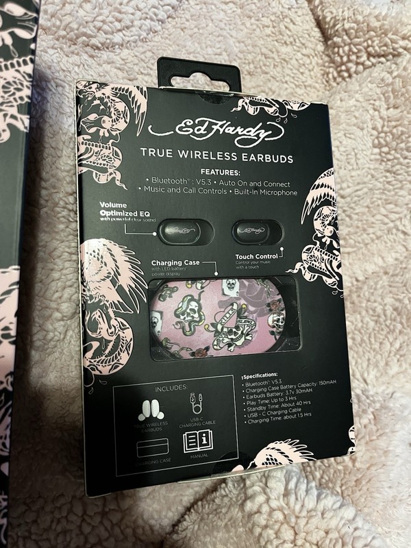 Ed Hardy True Wireless Earbuds Pink Y2K Tattoo Design Earbuds New Pink gallery