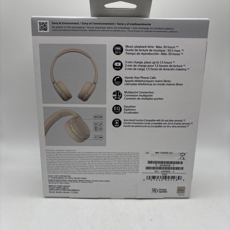 Sony WH-CH520 Wireless Bluetooth On-Ear Headphones Beige NEW Sealed gallery