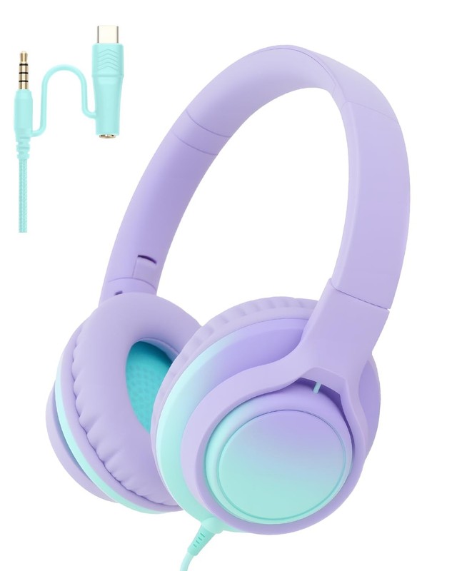 USB C & 3.5mm 2 in 1 Wired Headphones, Stereo Over Ear Headphones with HD Mic…