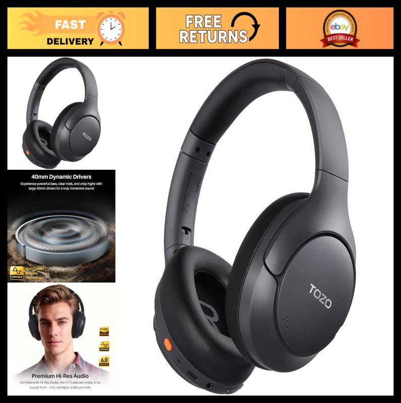 TOZO HT3 Hybrid Noise Cancelling Headphones, 90H Battery Life Wireless Over Ear