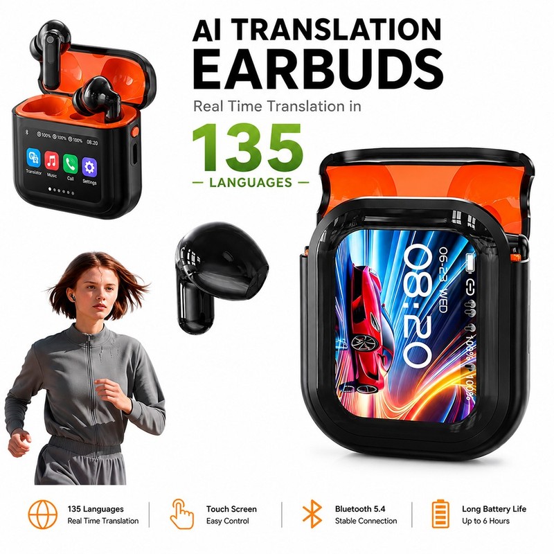 AI Translation Earbuds LCD Touch Screen Real Time 135 Languages ENC Bluetooth