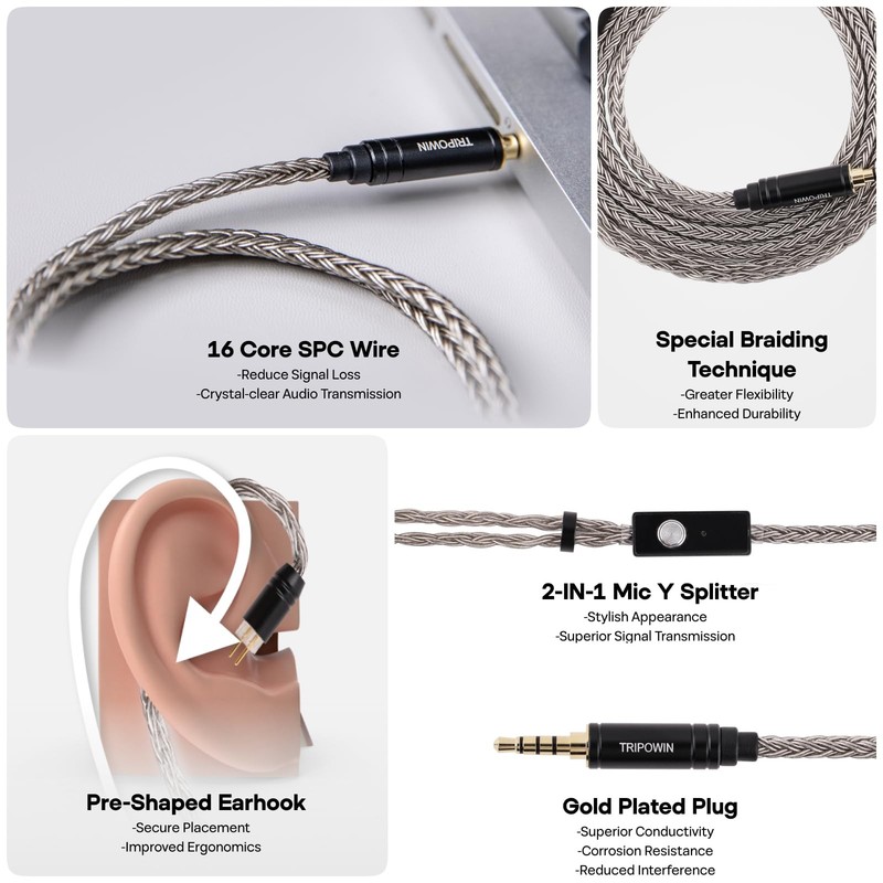 Tripowin Zonie HiFi in-Ear Monitor Upgrade Cable, with Omni Mic, 16-Core Silv... gallery
