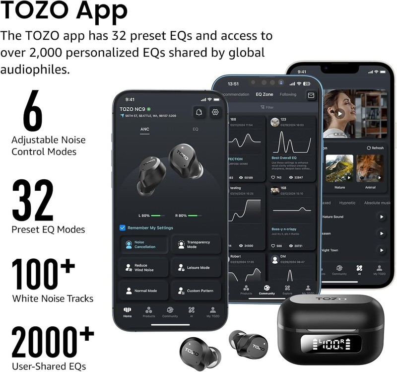 Hybrid Active Noise Cancelling Wireless Earbuds, 6 Mics ENC Clear Call, Water... gallery