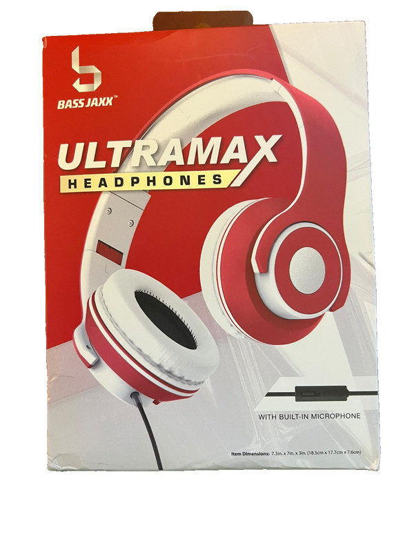 Bass Jaxx Ultramax Wired Over-Ear Headphones w/ Microphone Red & White