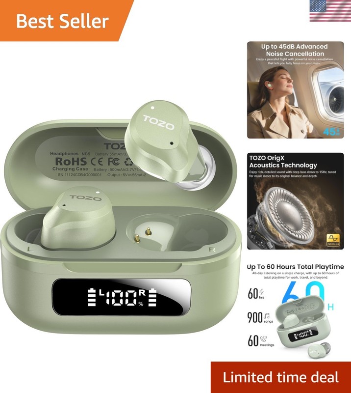 NC9 Hybrid Active Noise Cancelling Wireless Earbuds, 6 Mics ENC Clear Call, W…