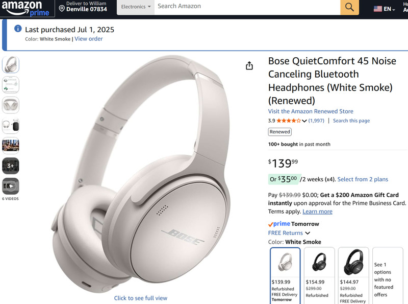 Bose quietcomfort 45 wireless headphones, white
