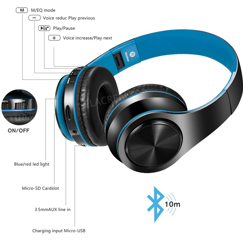 Blue Wireless Bluetooth Foldable Headphones Over Ear Hi-Fi Stereo Headset PC TV gallery