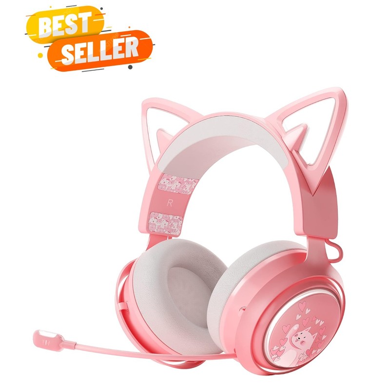 Wireless Cat Ear Headphones, Pink Gaming Headset Bluetooth 5.0 for Smartphone…