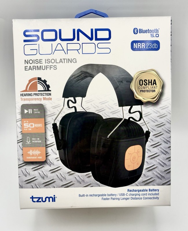Tzumi Sound Guards Noise Isolating Earmuffs Bluetooth OSHA Compliant NRR23db New