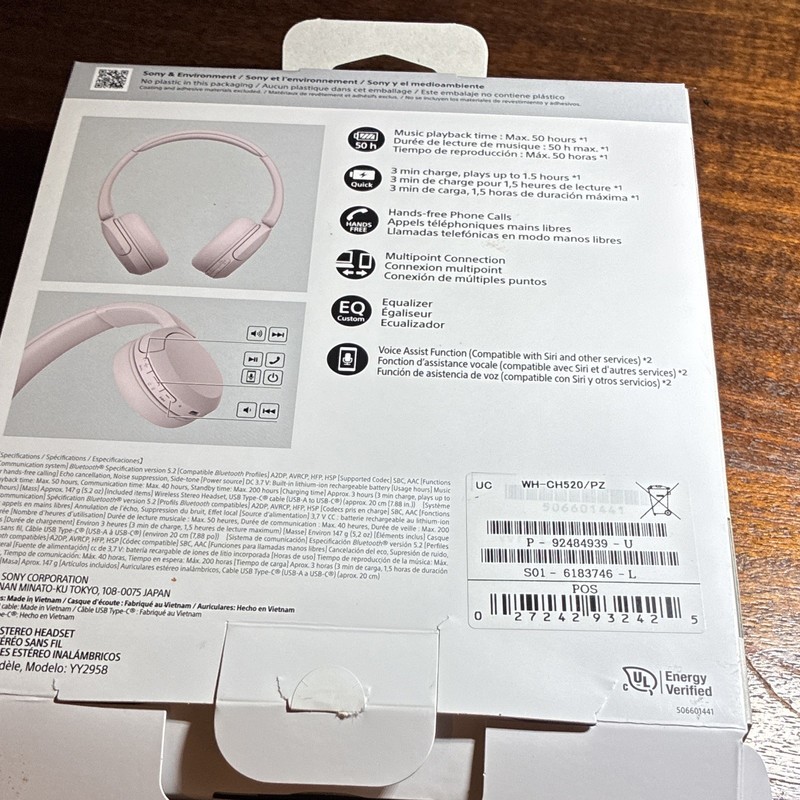 Sony WH-CH520 Pink Bluetooth On-Ear Headphones Mic Multipoint Voice Assist EQ gallery