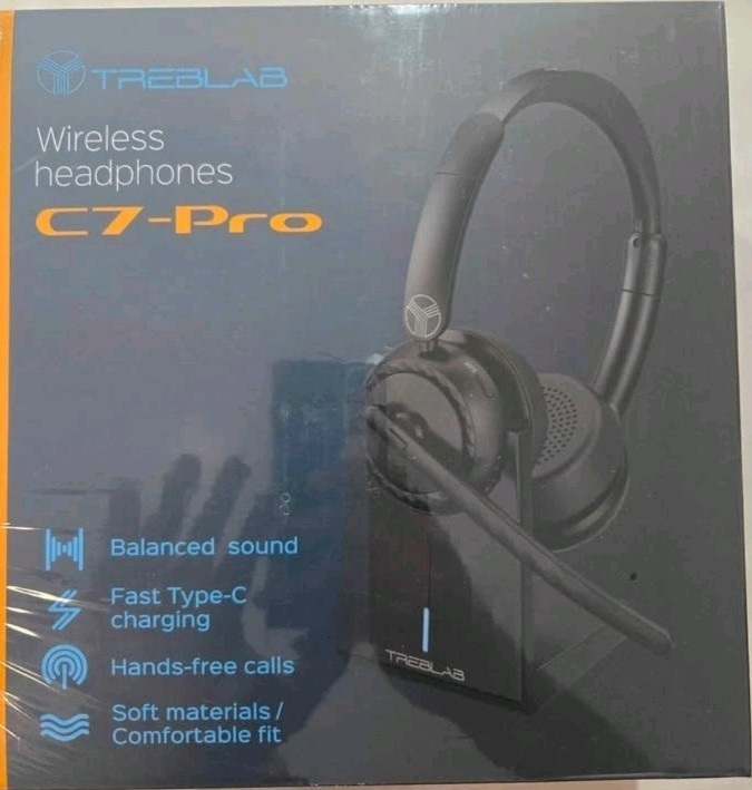 Treblab C7-Pro Noise Canceling Stereo Computer Headset, Bluetooth, Black