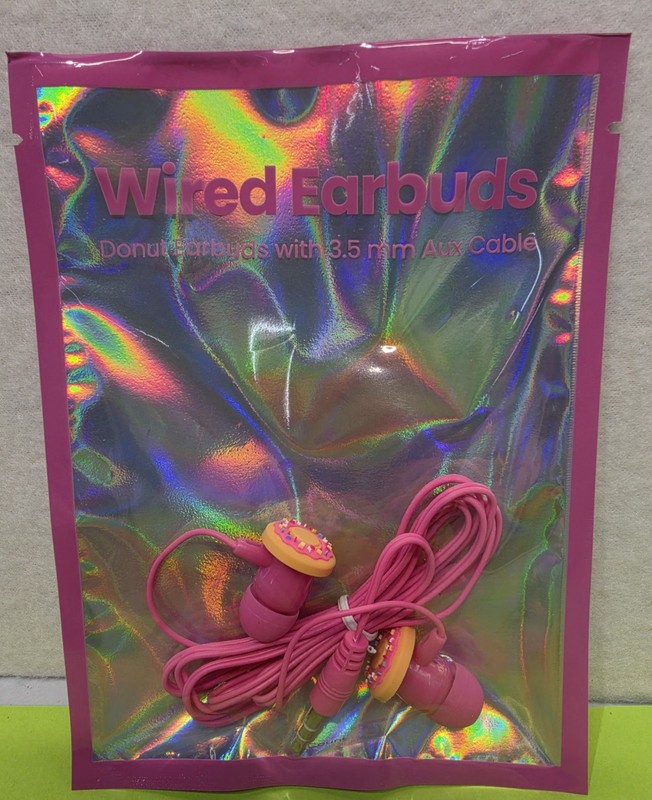 Gems Novelty Pink Donut Earbuds with 3.5mm Aux Cable Wired NWT Cute Fun 47” Long
