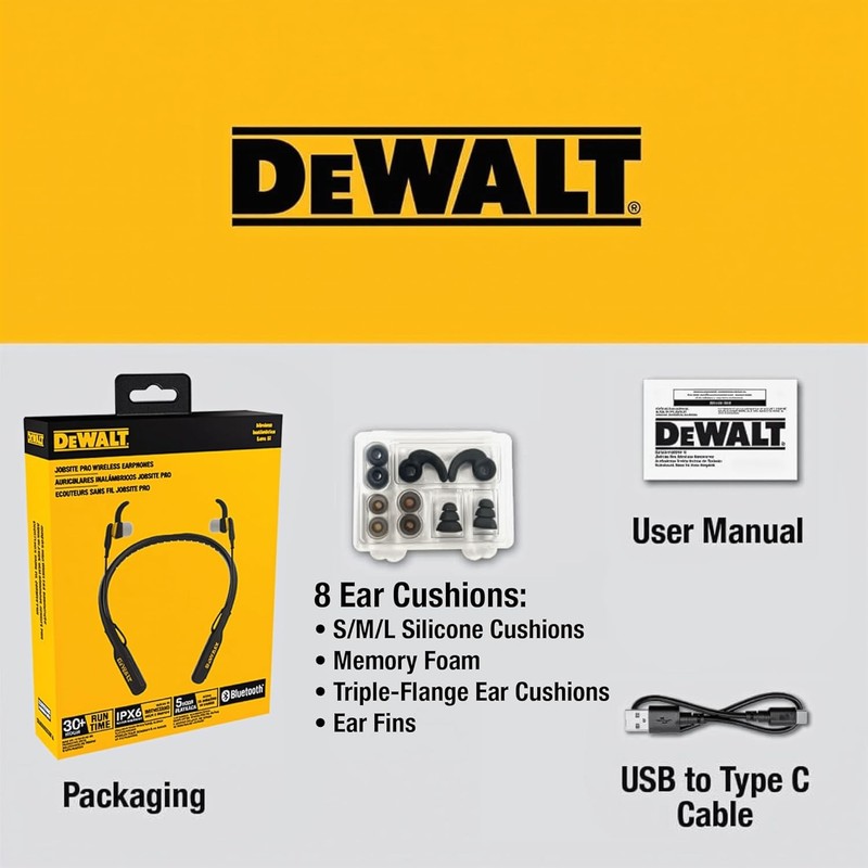 DEWALT Heavy Duty Black Edition 2-In-1 Neckband Bluetooth Headphones W/Built-In gallery